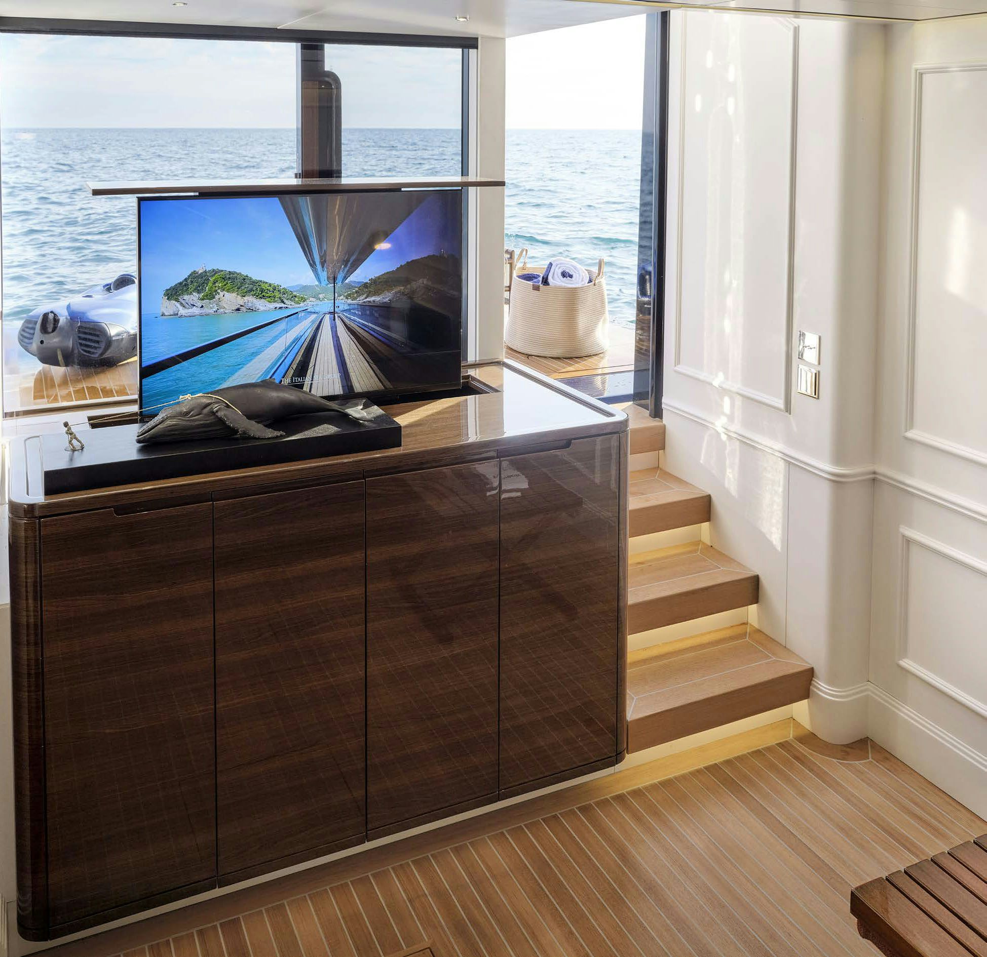 a room with a large window aboard PICCHIOTTI GENTLEMAN 24M Yacht for Sale