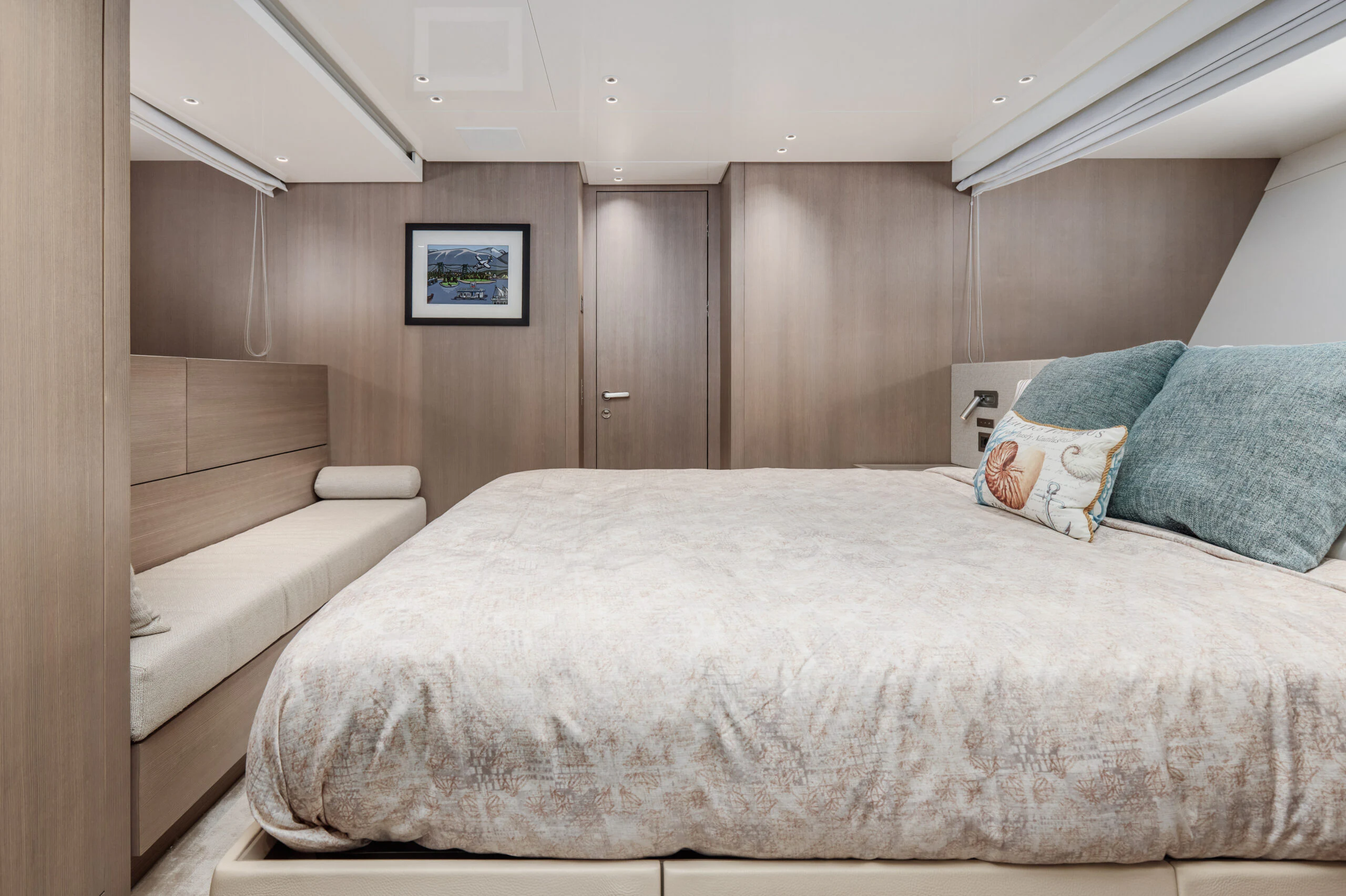 a bed in a room aboard ZAFFIRO III Yacht for Sale
