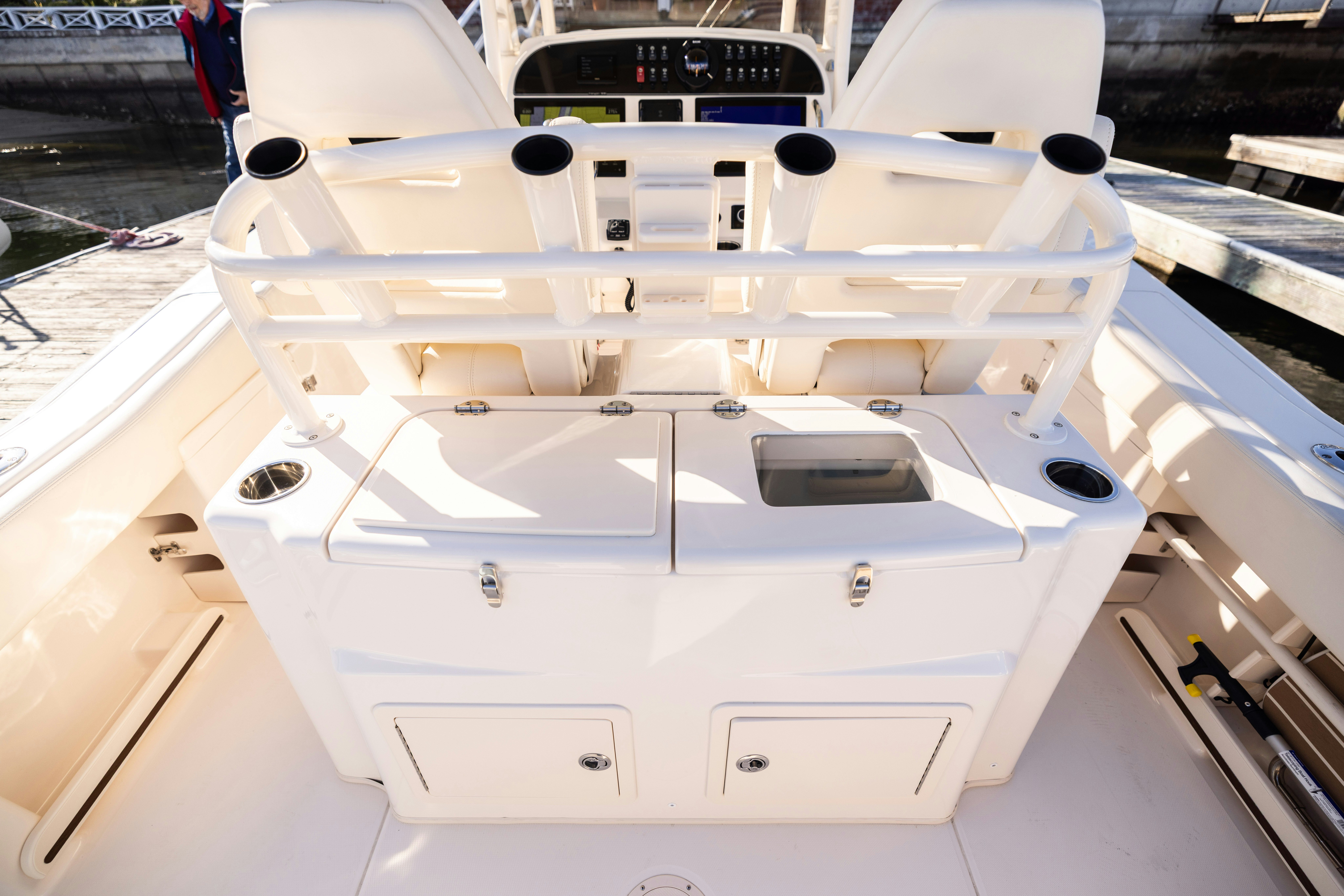 a white and black boat aboard SHOOTER Yacht for Sale