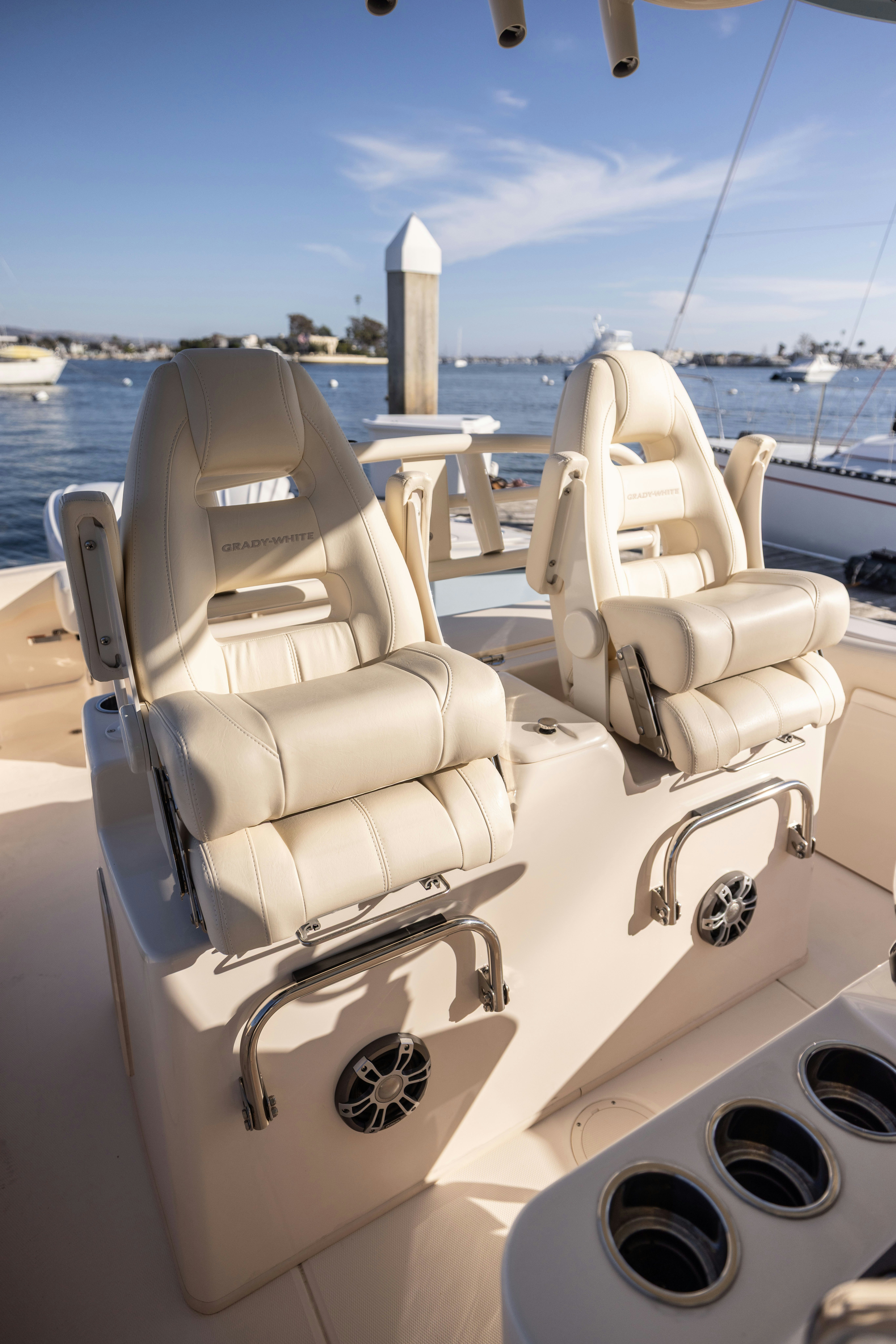 a boat with seats on the front aboard SHOOTER Yacht for Sale