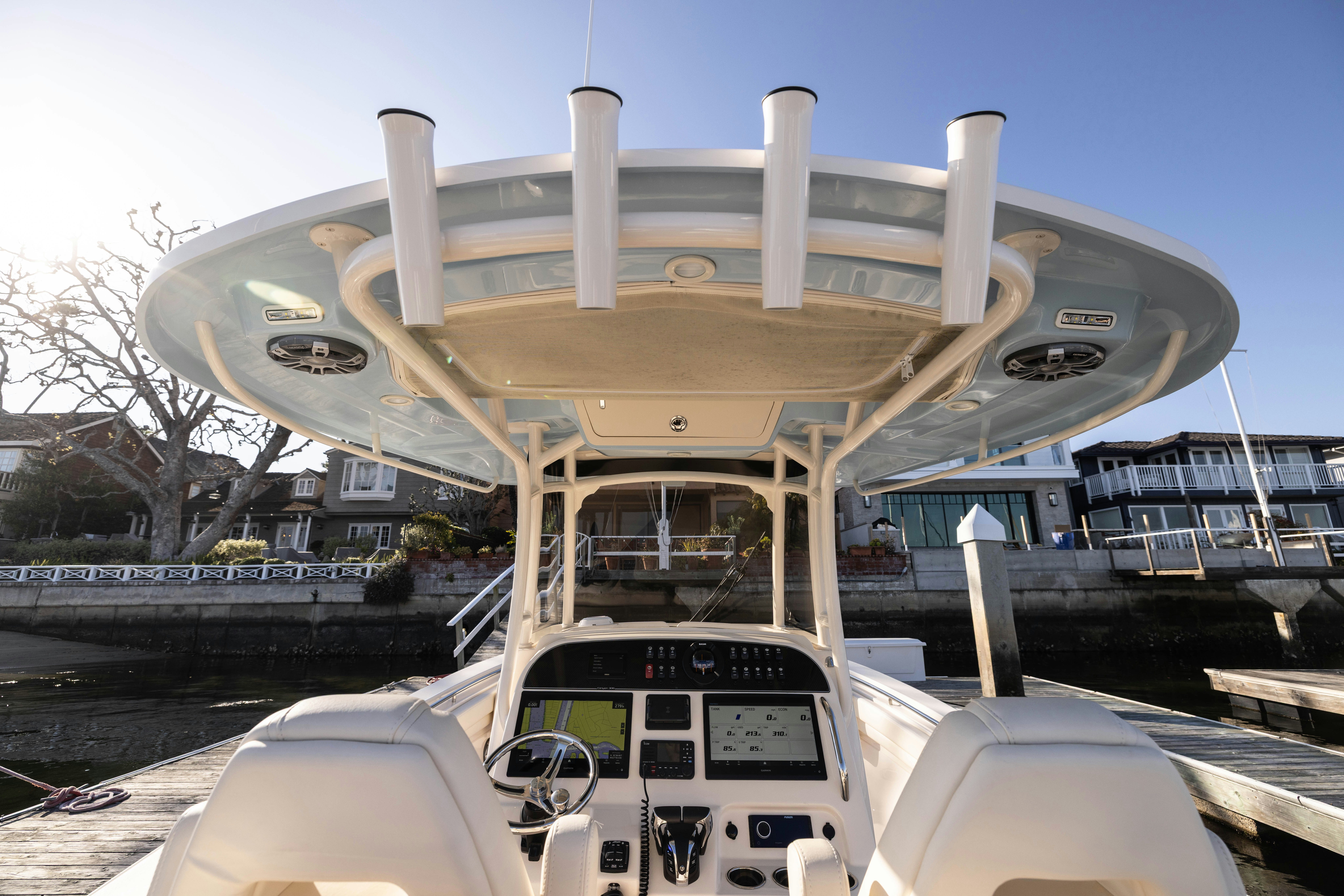 a boat with a large satellite dish on top aboard SHOOTER Yacht for Sale