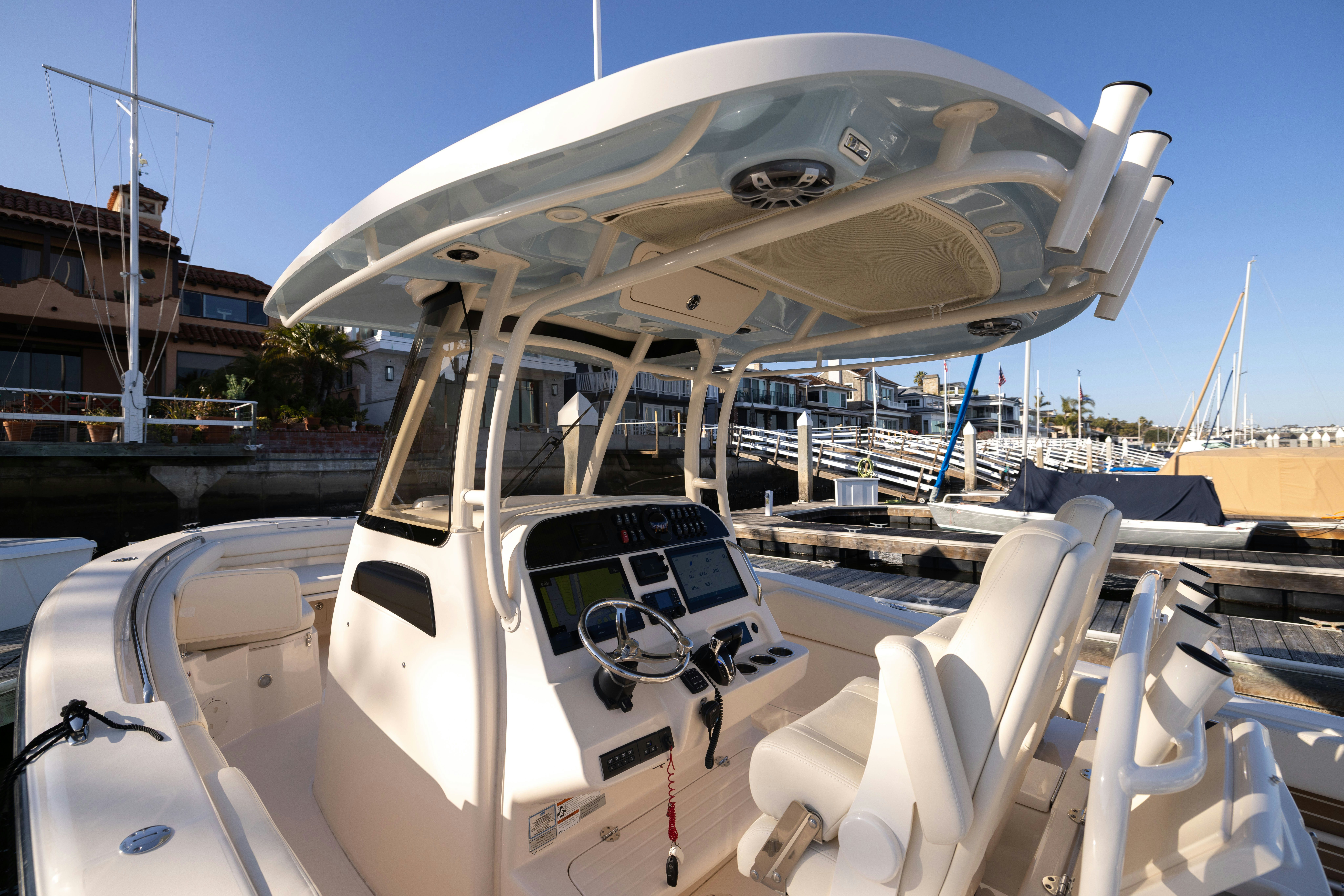 a boat with a large white object on it aboard SHOOTER Yacht for Sale