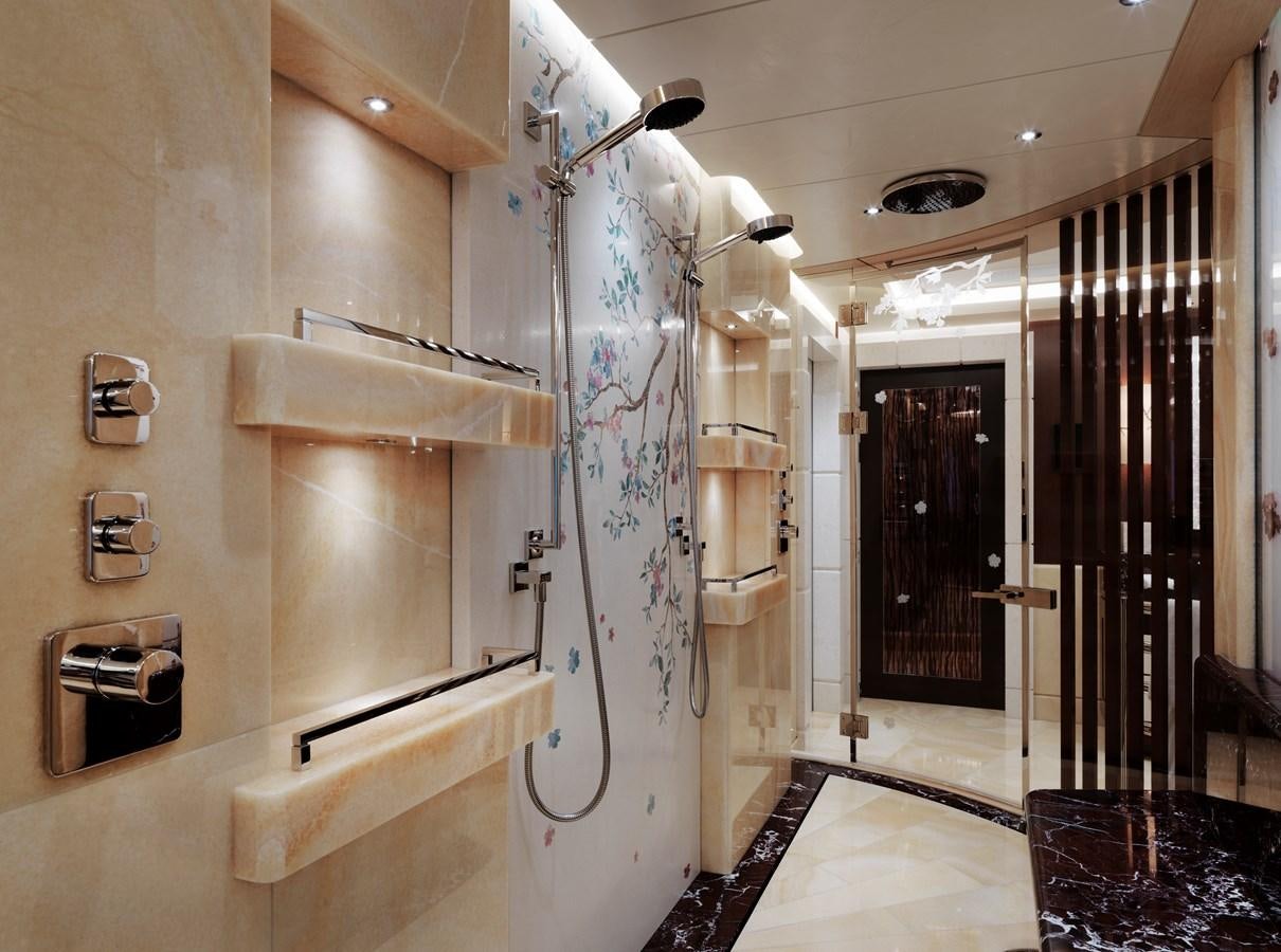 a bathroom with a shower unit aboard DRAAK Yacht for Sale