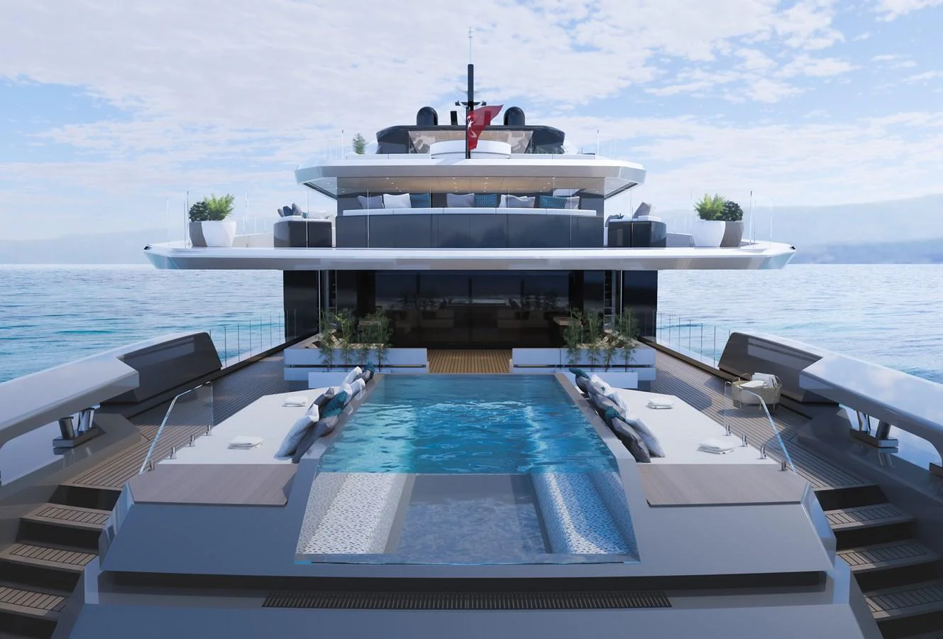 a large white boat on a body of water aboard RMK 65M Yacht for Sale