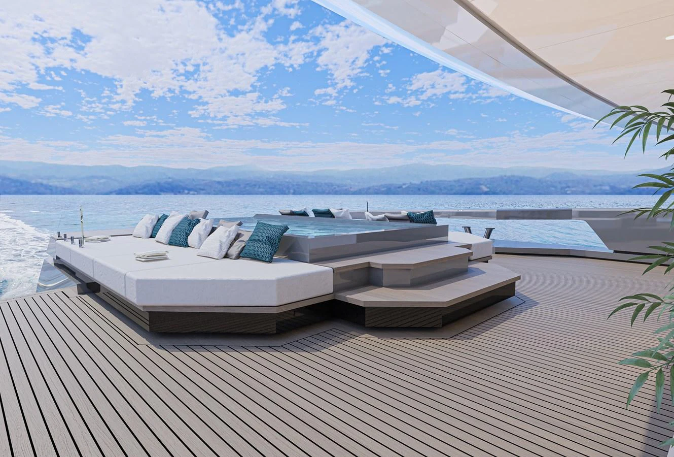 a deck with a pool and a view of the water aboard RMK 65M Yacht for Sale