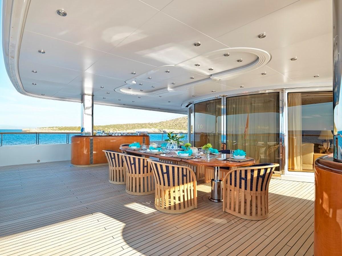 a large room with a table and chairs aboard CAPRI I Yacht for Sale