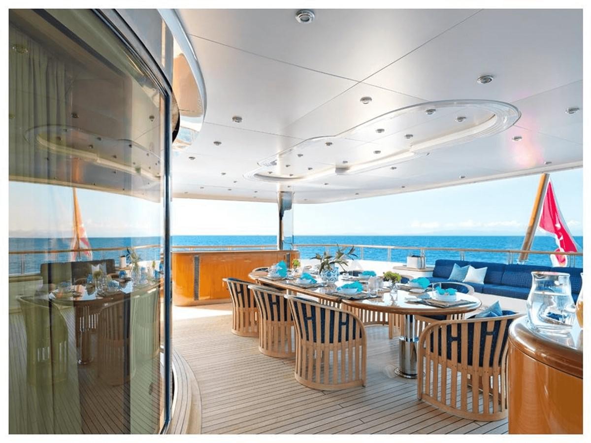 a room with a table chairs and a large window aboard CAPRI I Yacht for Sale