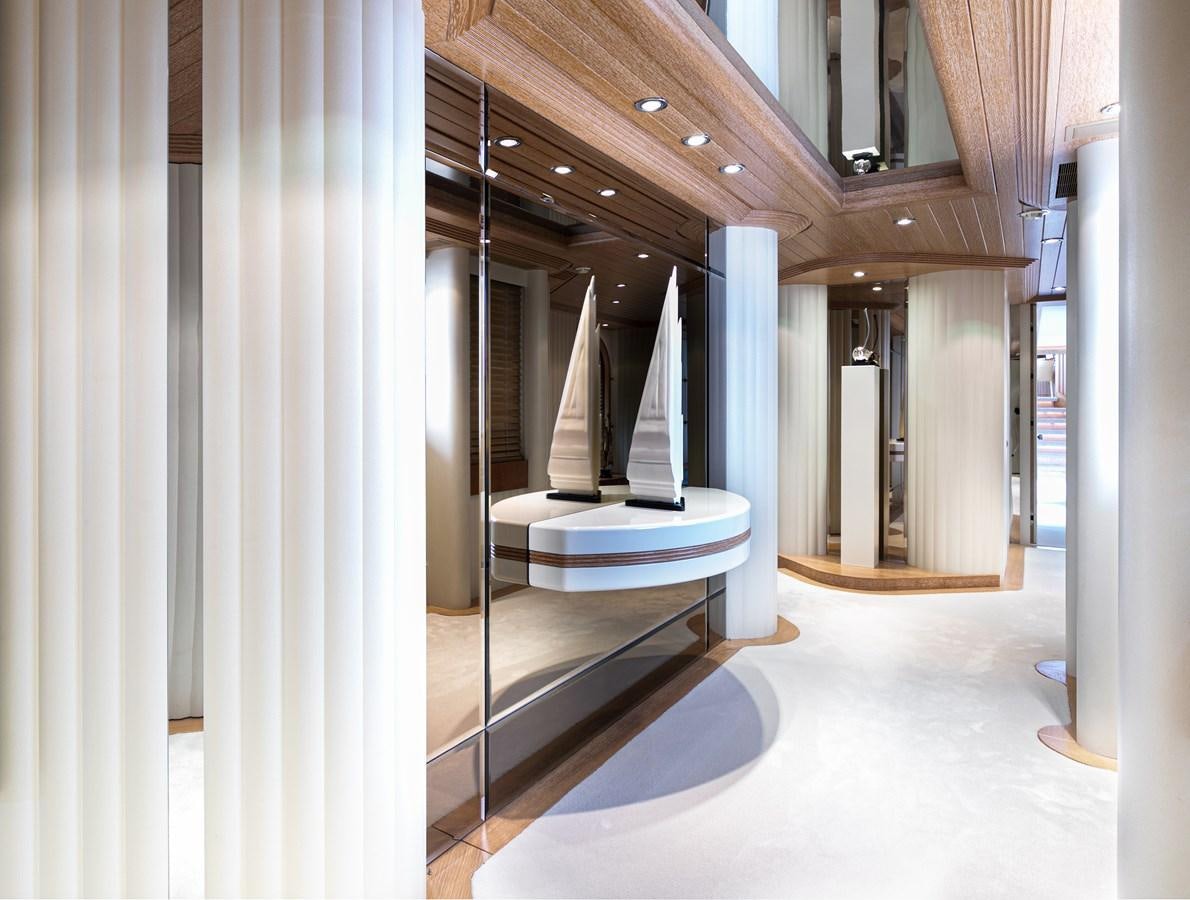 a large room with columns aboard SEA HUNTRESS Yacht for Sale