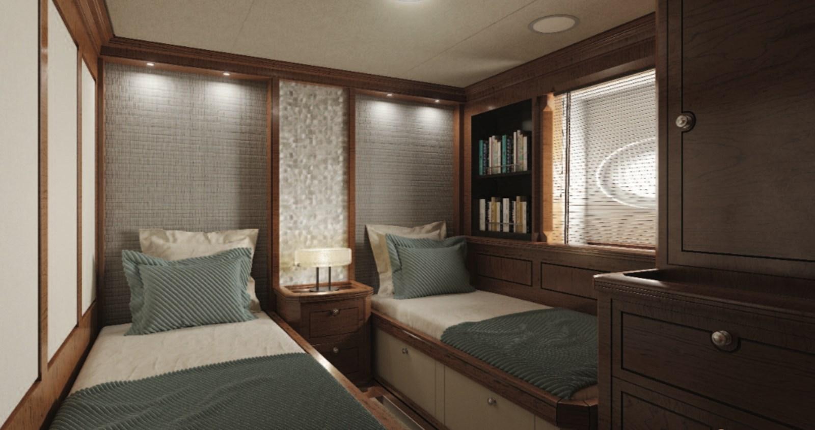 a couple of beds in a room aboard RAINBOW II Yacht for Sale