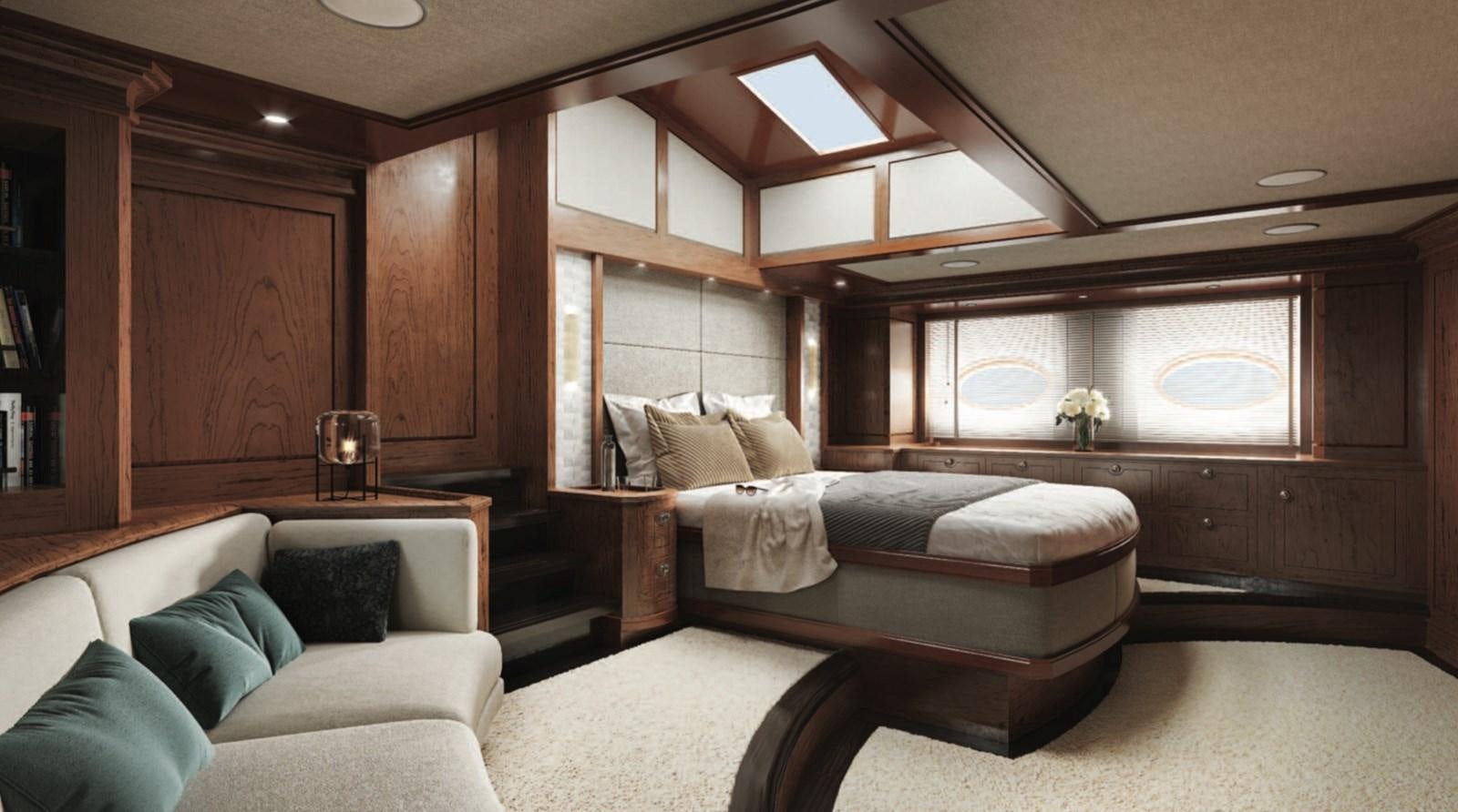 a room with a bed and a couch aboard RAINBOW II Yacht for Sale