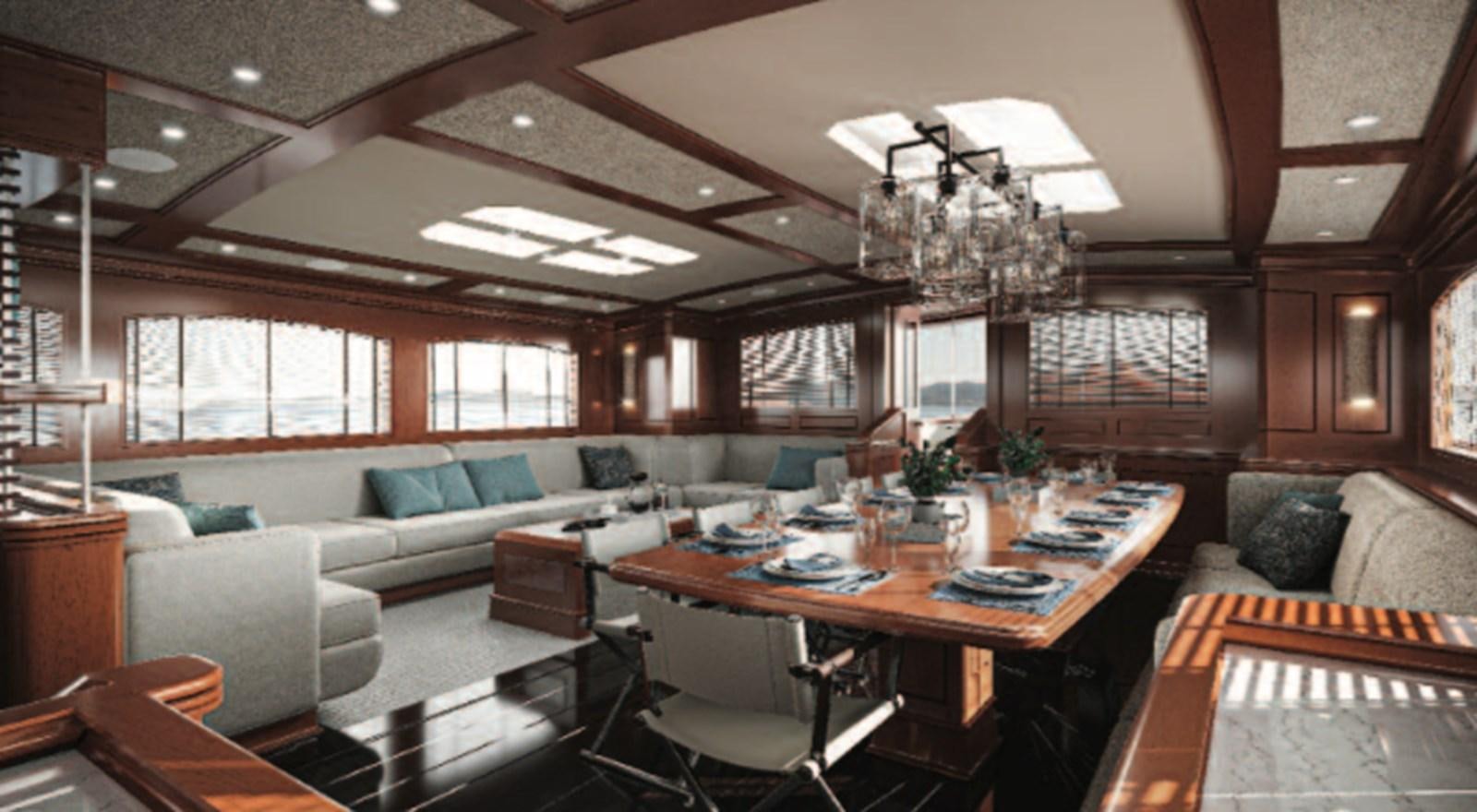 a large living room with a large table and chairs aboard RAINBOW II Yacht for Sale