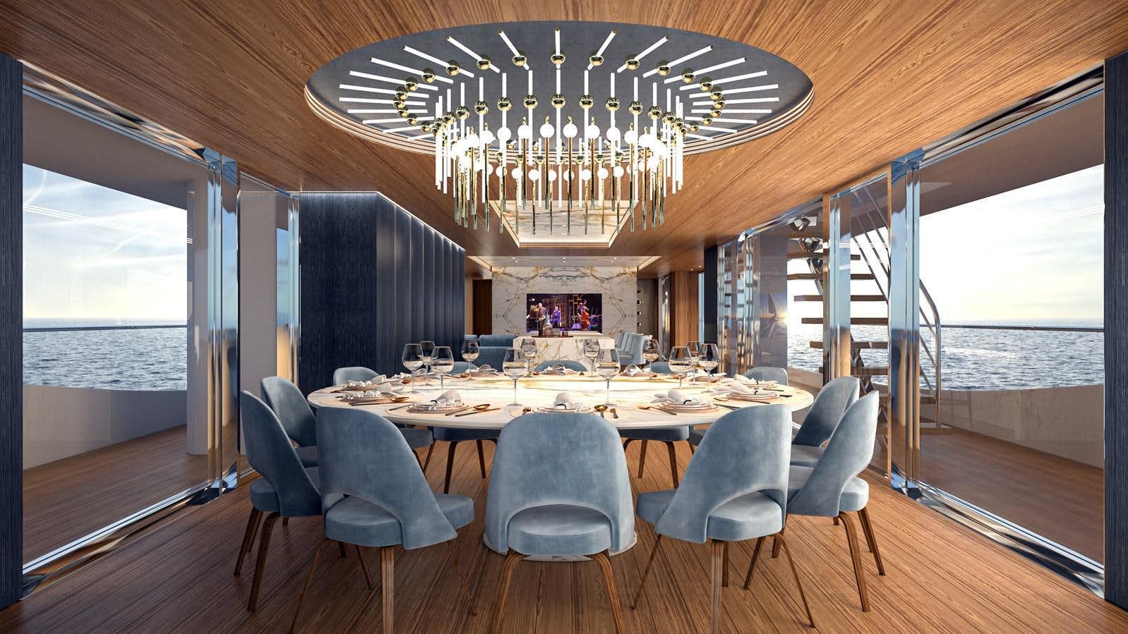 a large dining room with a large chandelier aboard Dynamiq gtt 165 Yacht for Sale