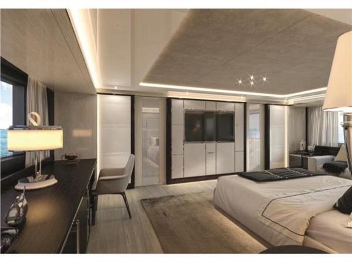 a hotel room with a bed and desk aboard 48M SPADOLINI EXPLORER YACHT Yacht for Sale