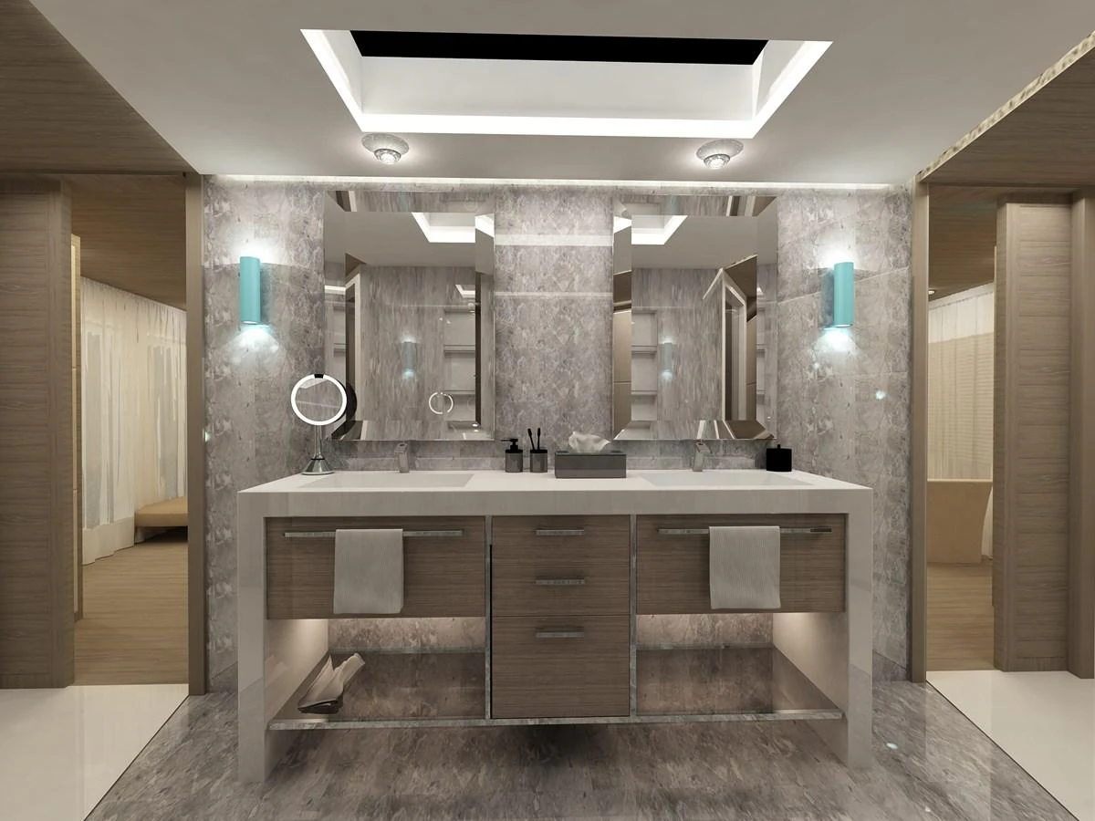 a bathroom with a large marble counter aboard CMB 47 SERIES Yacht for Sale