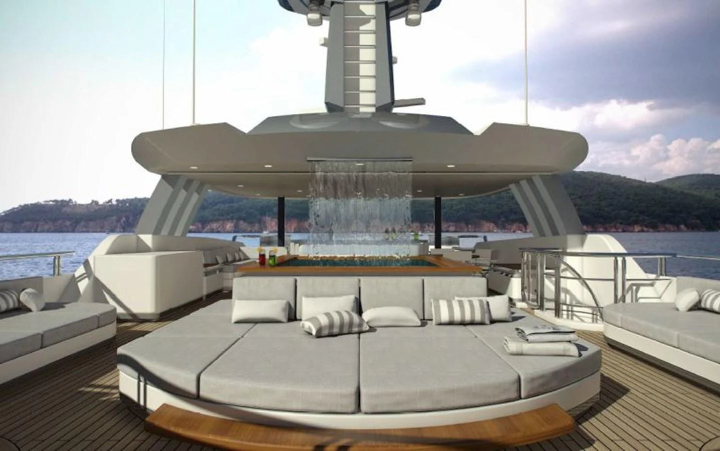 a large boat on a body of water aboard HULL#05 Yacht for Sale