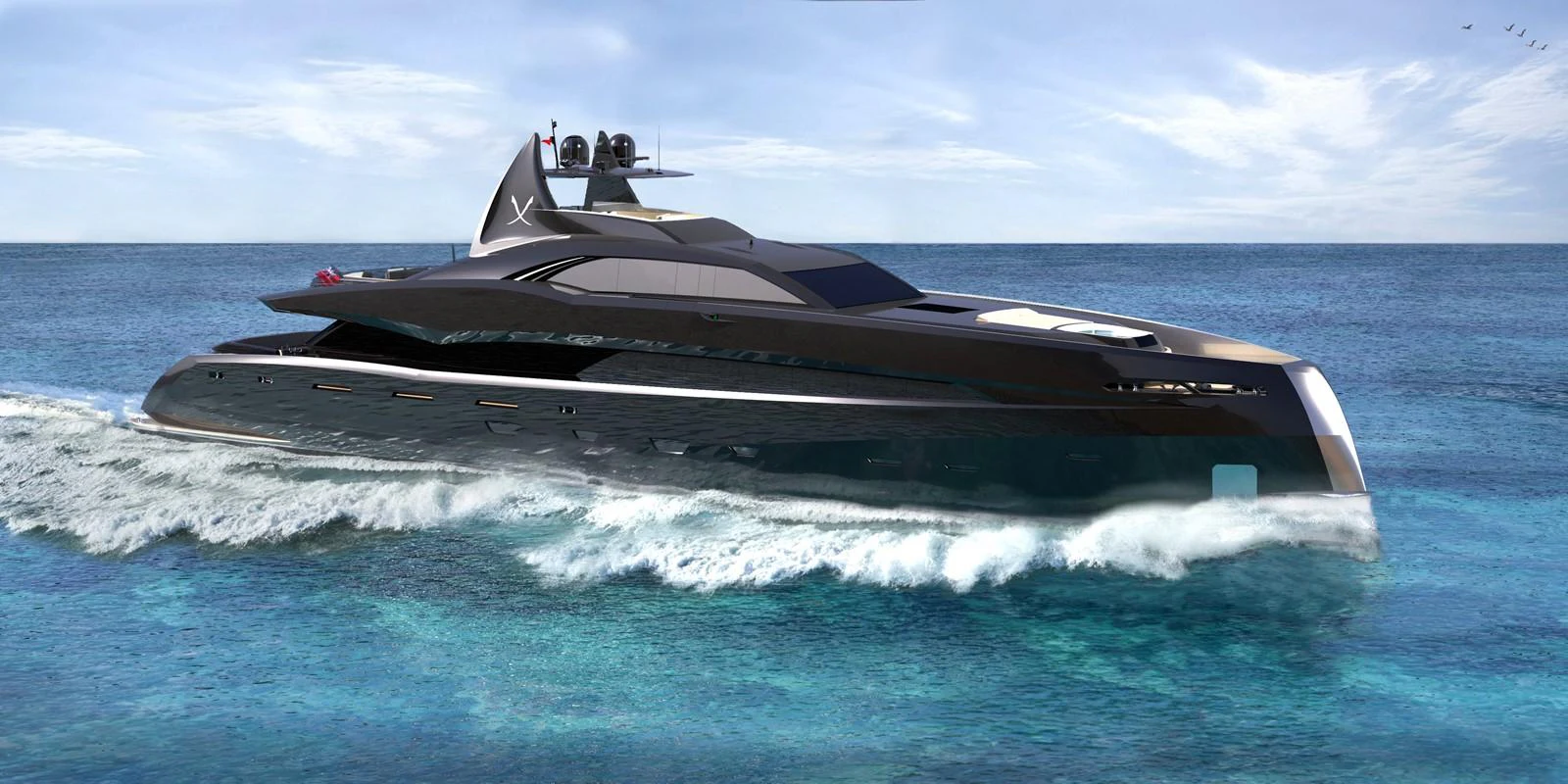 a black and white ship in the ocean aboard THE GOTHAM Yacht for Sale