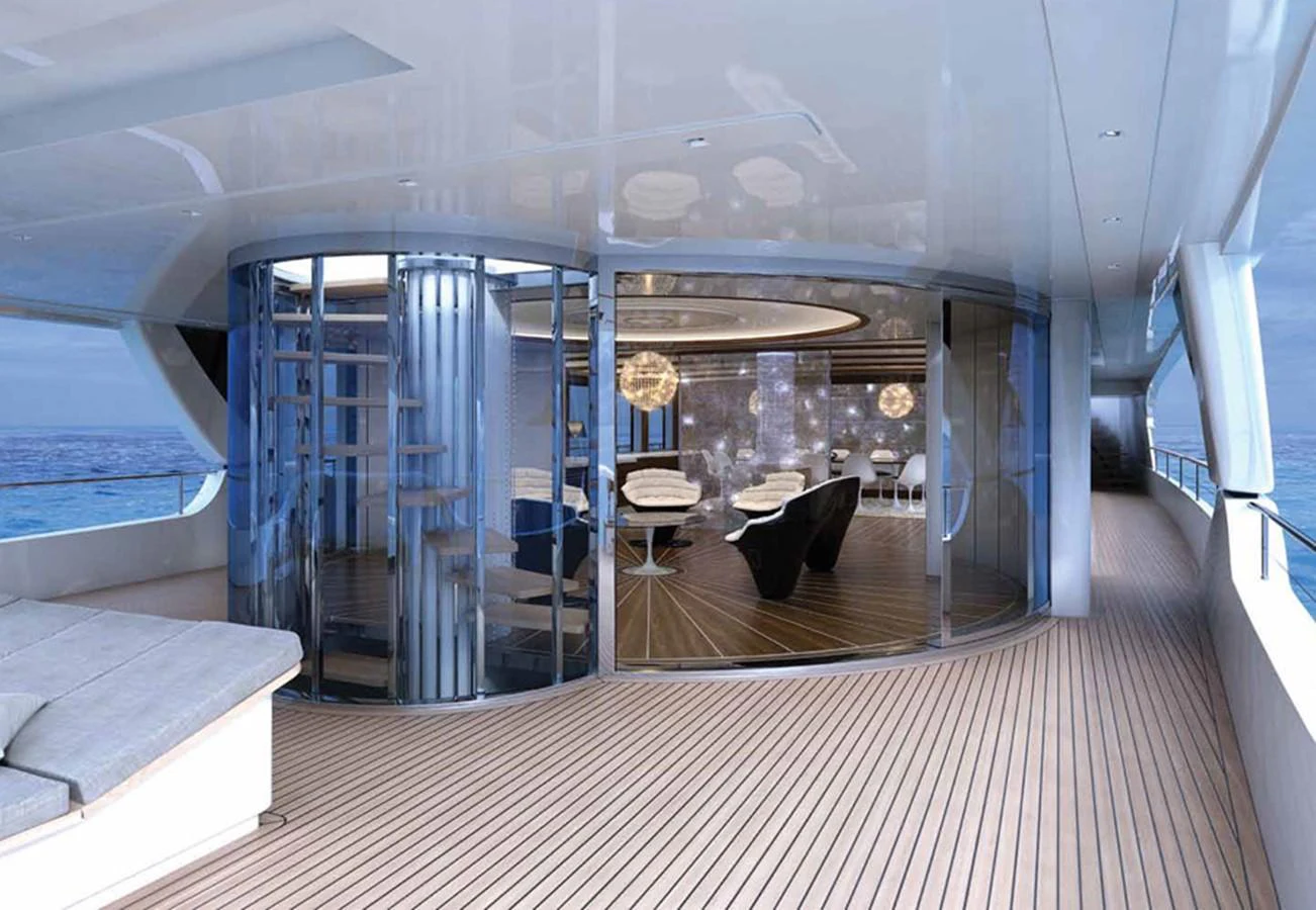 a room with a large glass wall aboard SM45  AMERIGO Yacht for Sale