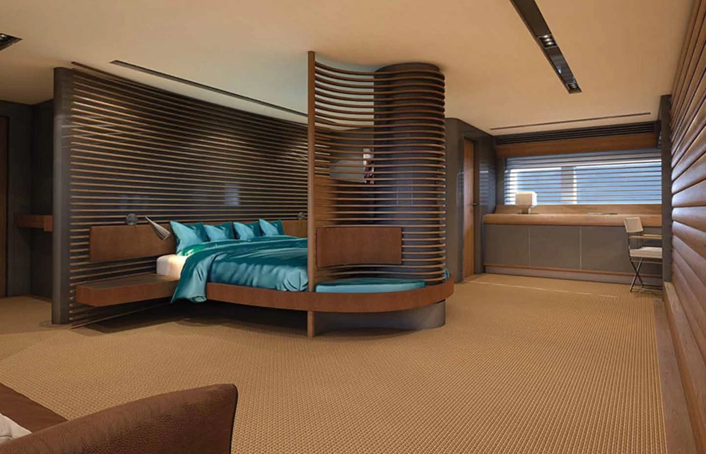 a bed in a room aboard SM45  AMERIGO Yacht for Sale
