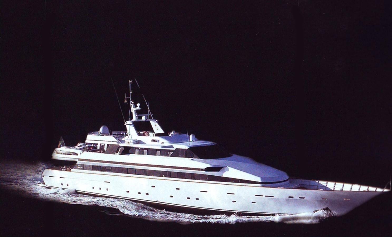 a large white boat at night aboard COSTA MAGNA Yacht for Charter