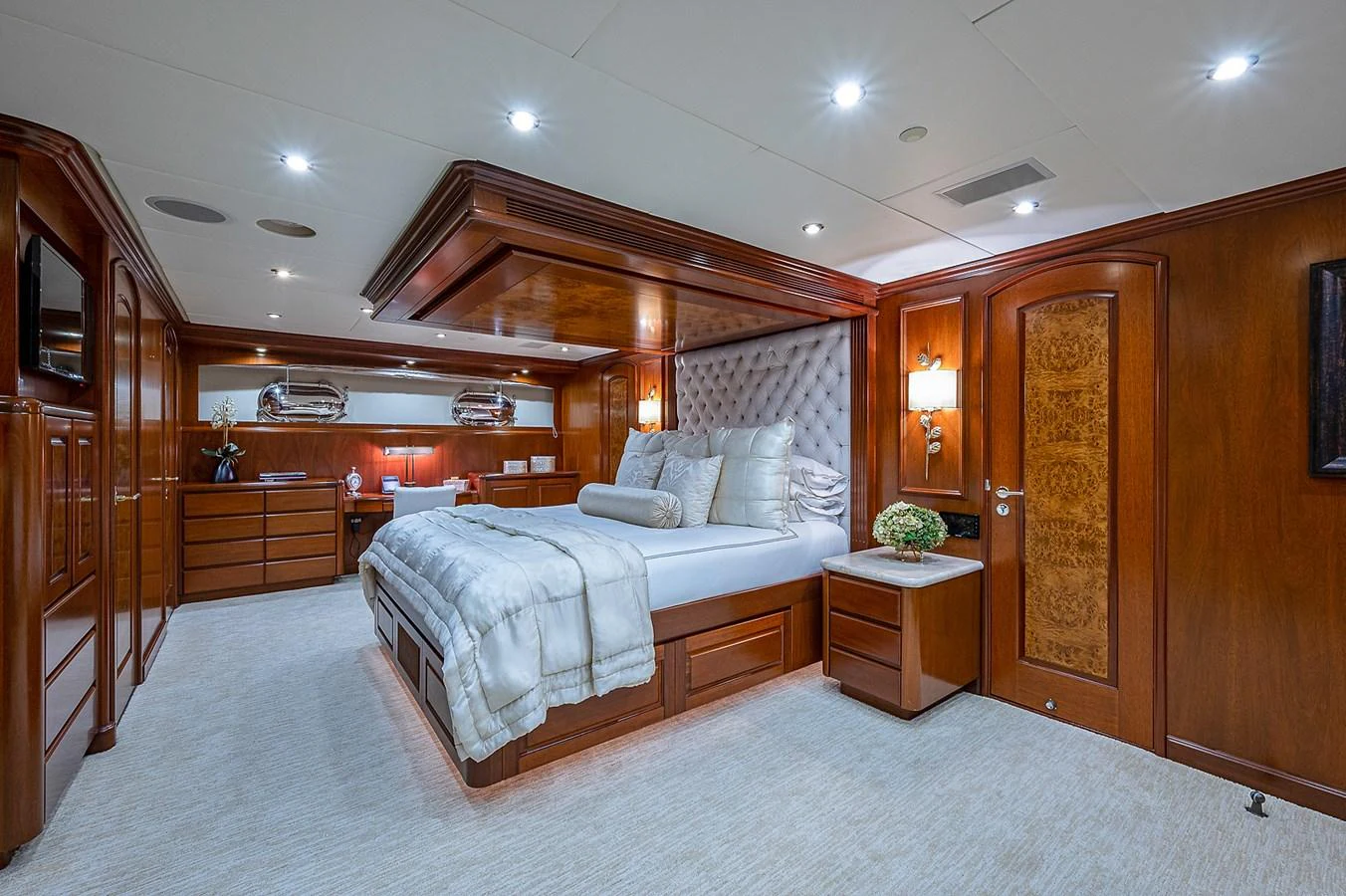 a large bedroom with a large bed aboard LA SIRENA Yacht for Sale