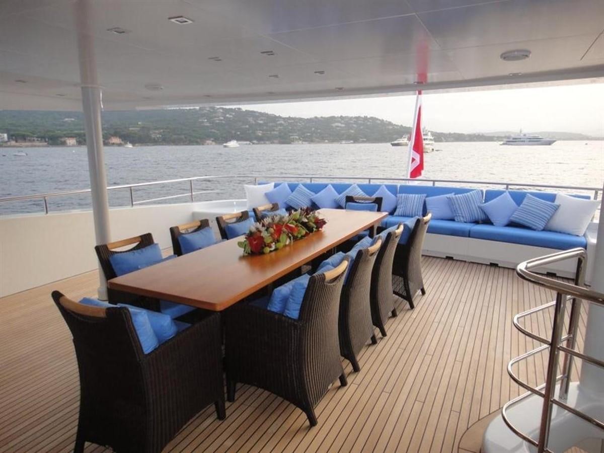 a table and chairs on a deck overlooking a body of water aboard BLUE EAST Yacht for Sale