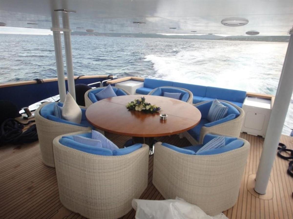 a table with chairs on it by the water aboard BLUE EAST Yacht for Sale