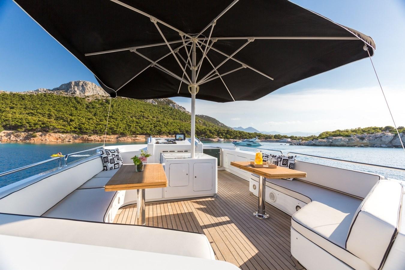 a patio with a table and chairs on it aboard AQUARELLA Yacht for Sale