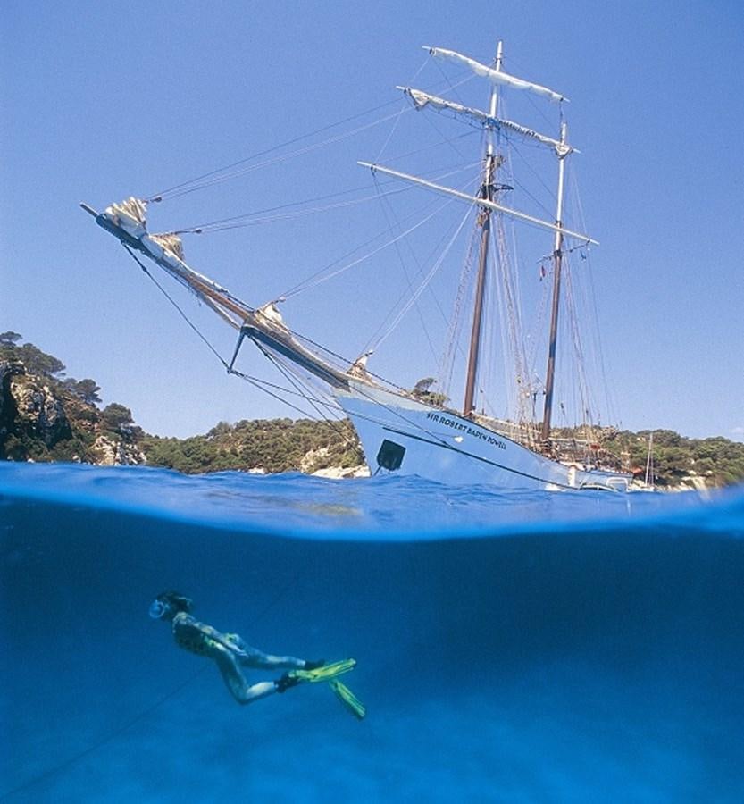 a boat with a shark and a shark in the water aboard SIR ROBERT BADEN POWELL Yacht for Sale