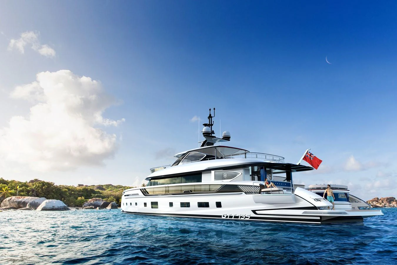 a boat in the water aboard DYNAMIQ GTT135 Yacht for Sale