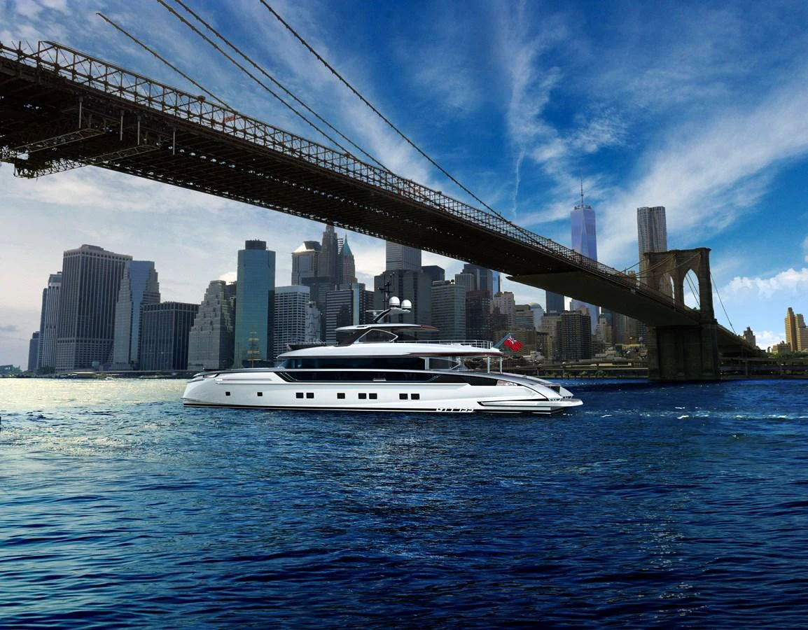 a boat under a bridge aboard DYNAMIQ GTT135 Yacht for Sale