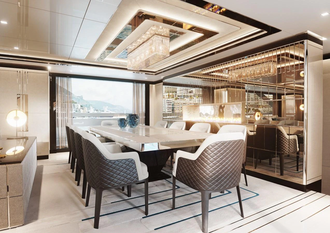 a room with a table chairs and a large window aboard DYNAMIQ GTT135 Yacht for Sale
