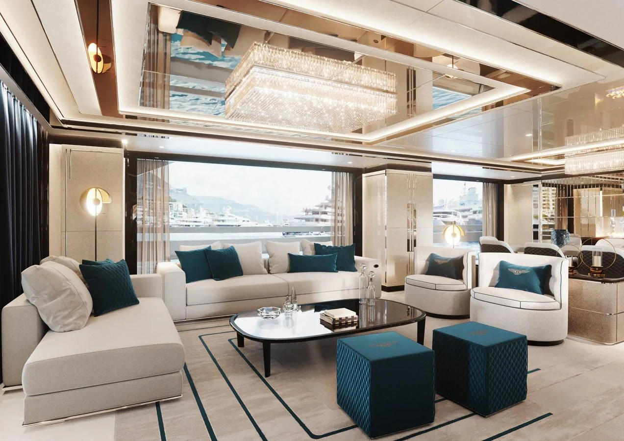 a living room with a large window aboard DYNAMIQ GTT135 Yacht for Sale