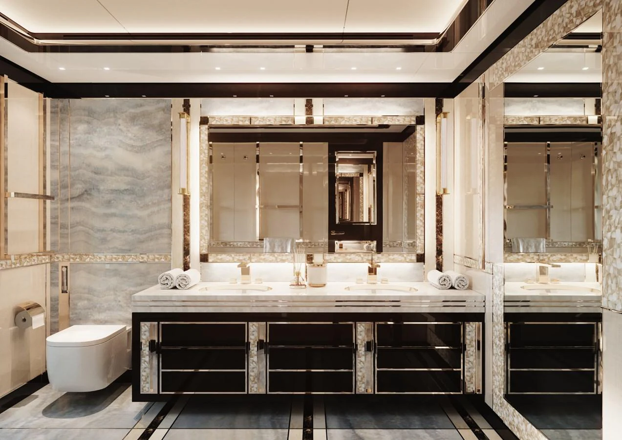 a bathroom with a large mirror aboard DYNAMIQ GTT135 Yacht for Sale