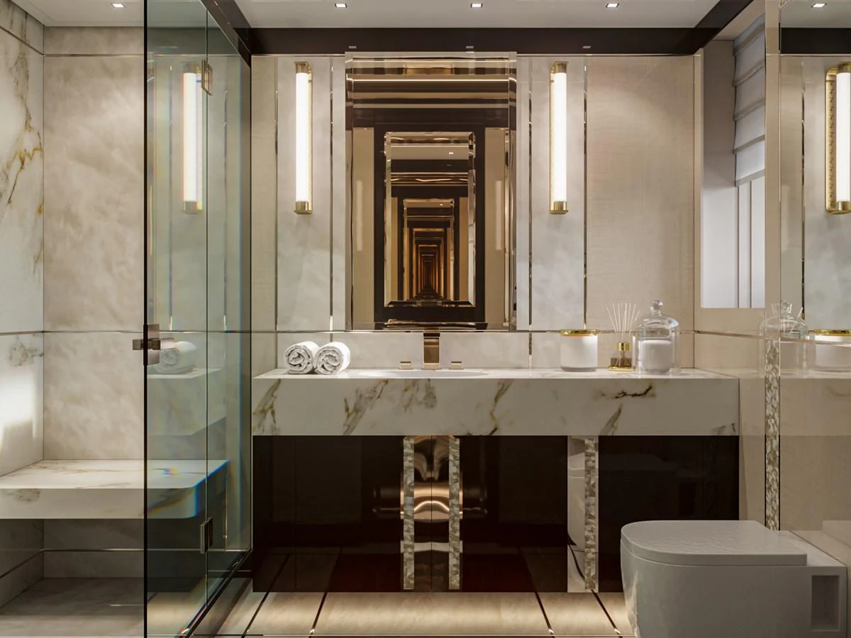 a bathroom with a glass shower aboard DYNAMIQ GTT135 Yacht for Sale