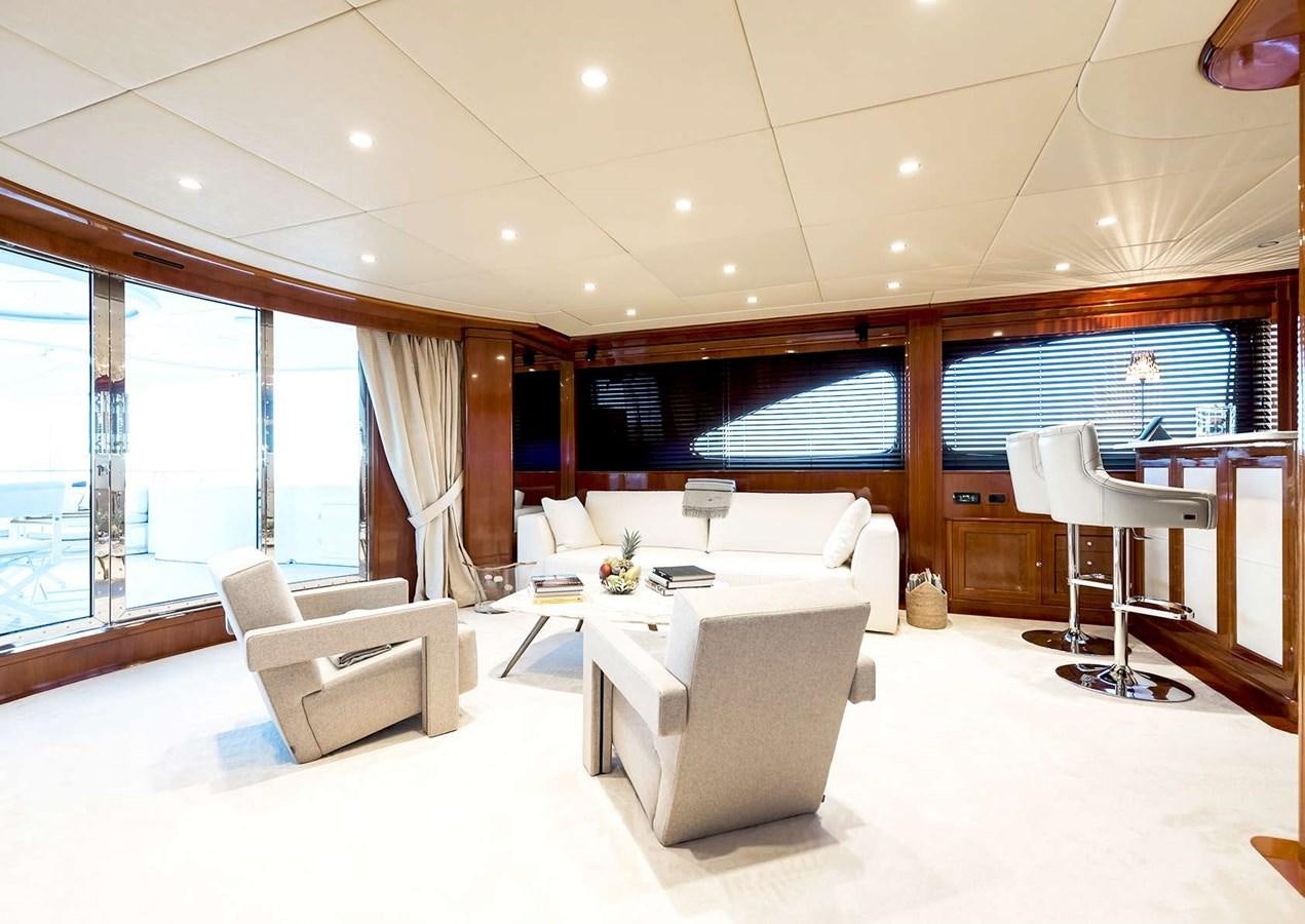 a large room with white furniture aboard MY WAY V Yacht for Charter