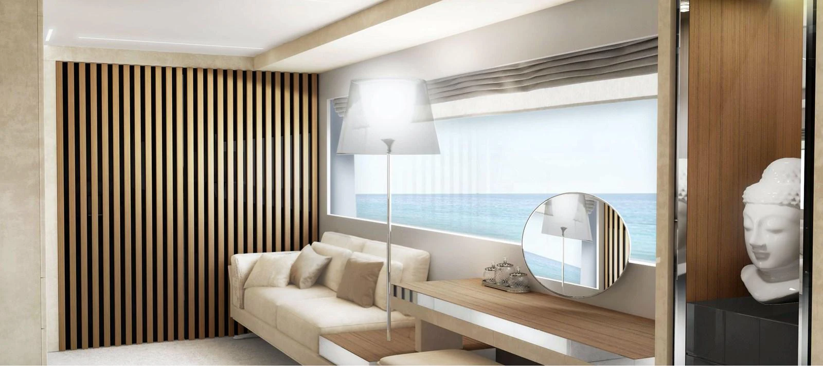 a room with a bed and a mirror aboard LEGACY 40 Yacht for Sale