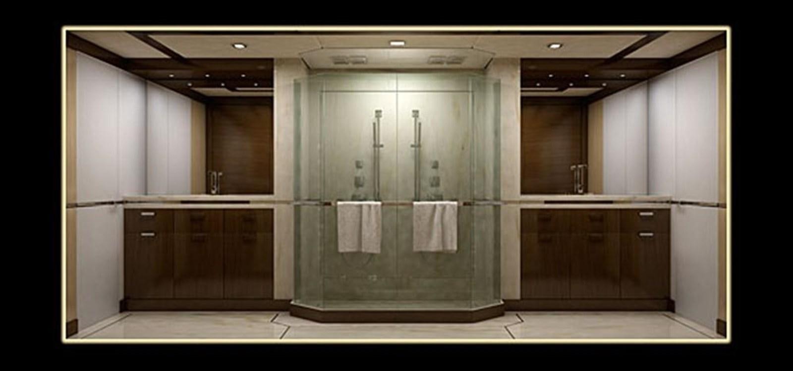 a large bathroom with a glass shower aboard INACE YACHTS 126' AFT HOUSE EXPLORER YACHT Yacht for Sale