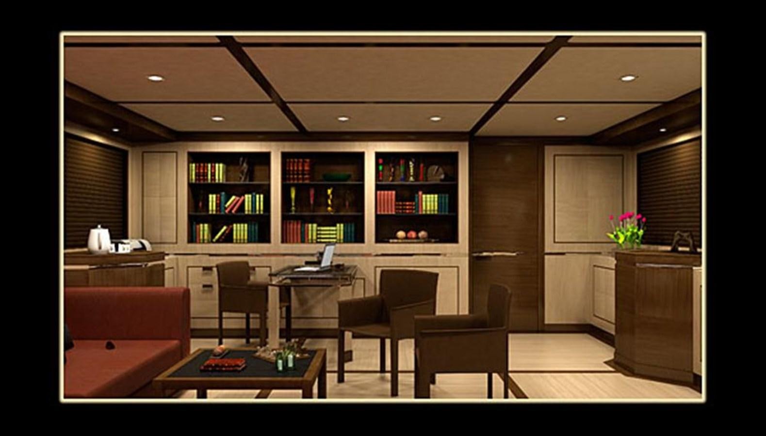 a room with a table chairs and a bookcase aboard INACE YACHTS 126' AFT HOUSE EXPLORER YACHT Yacht for Sale