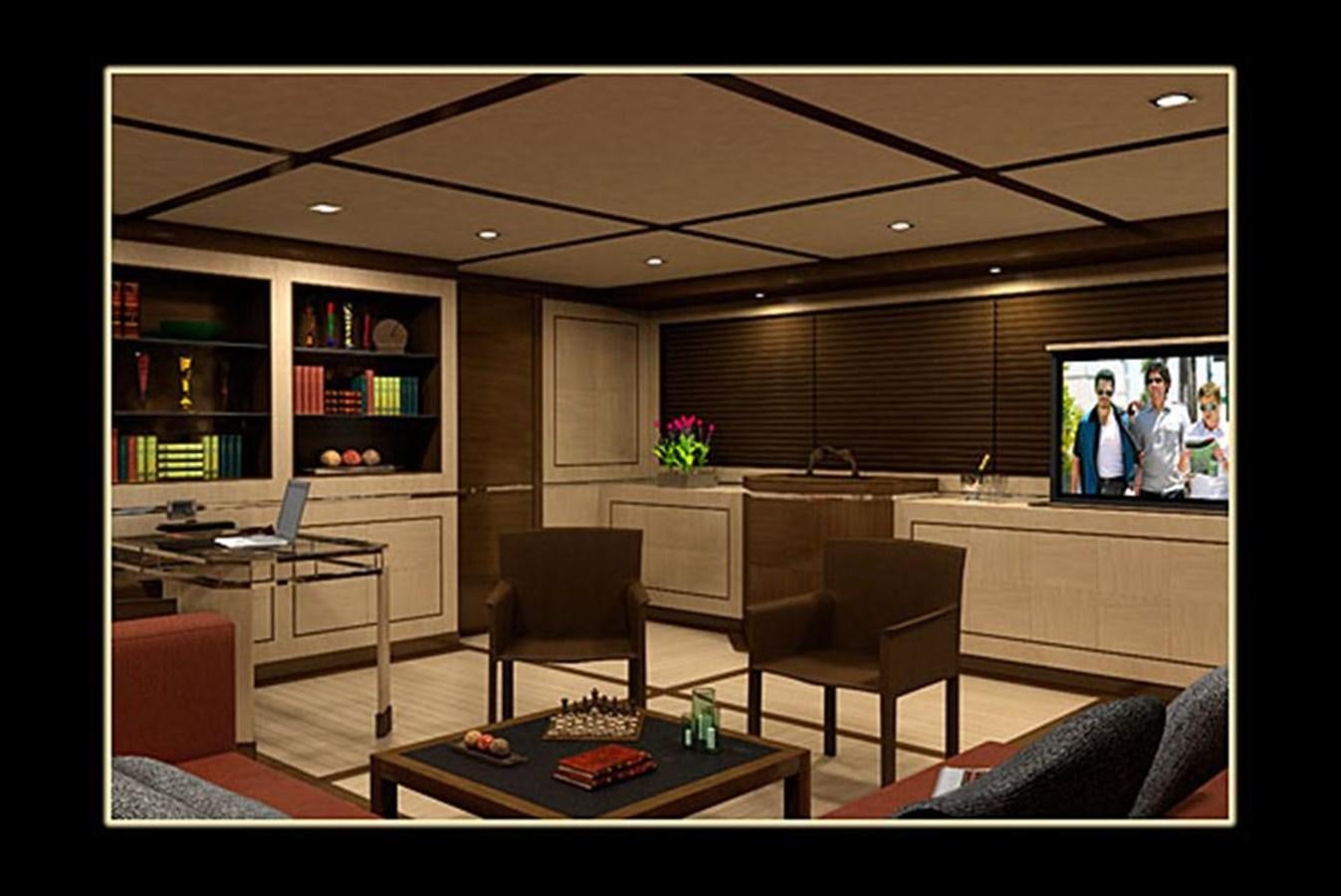 a living room with a tv and furniture aboard INACE YACHTS 126' AFT HOUSE EXPLORER YACHT Yacht for Sale