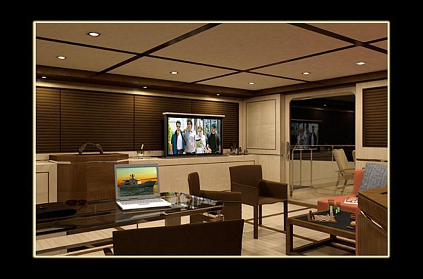 a room with a table and a laptop on a glass table aboard INACE YACHTS 126' AFT HOUSE EXPLORER YACHT Yacht for Sale