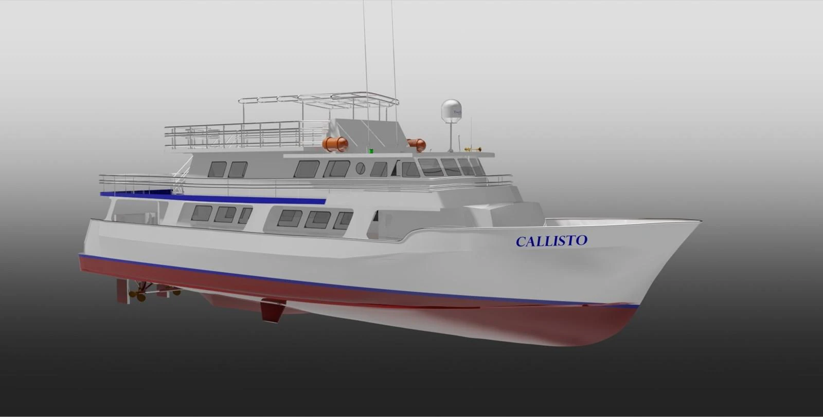 a white and blue boat aboard CALLISTO Yacht for Sale