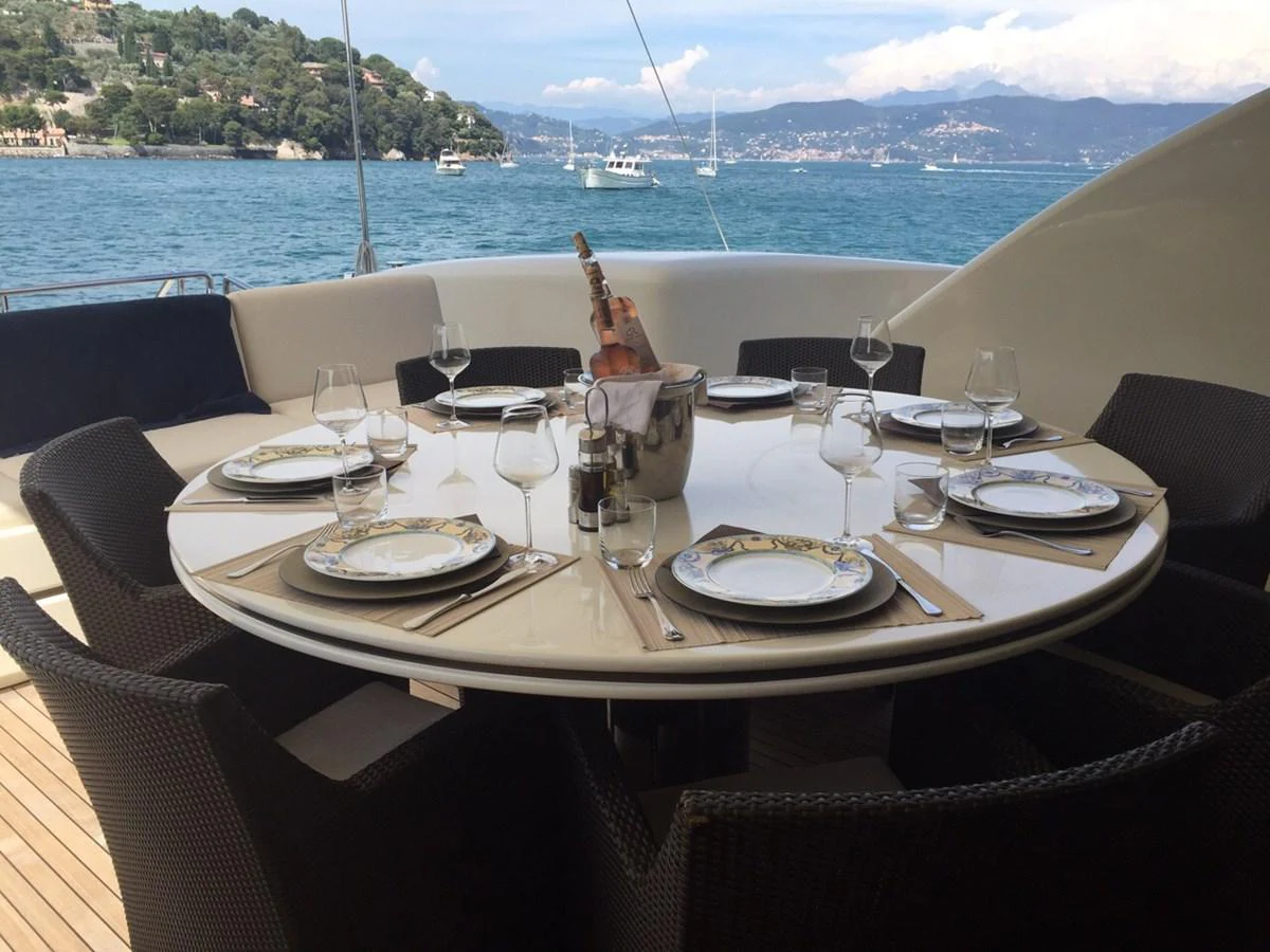 a table with plates and glasses on it aboard GINEVRA Yacht for Charter