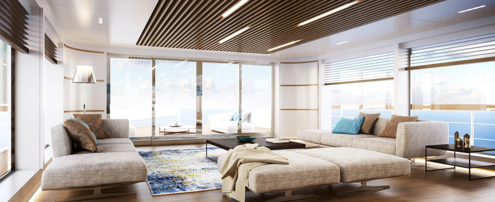 a living room with a large window aboard 35M CECCARELLI EXPLORER YACHT Yacht for Sale