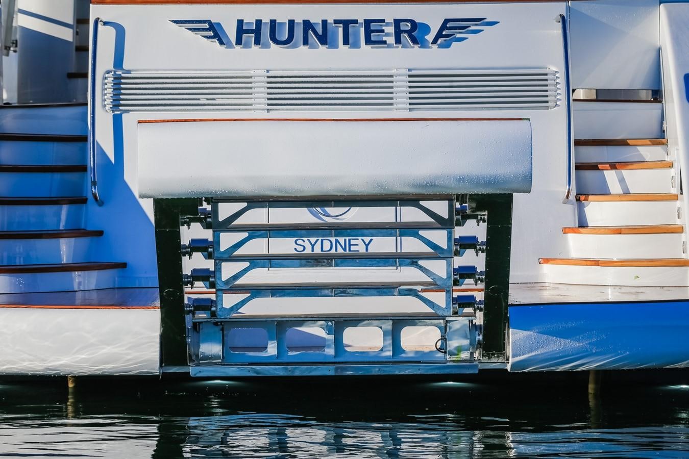 a boat with a staircase on the side aboard HUNTER Yacht for Sale