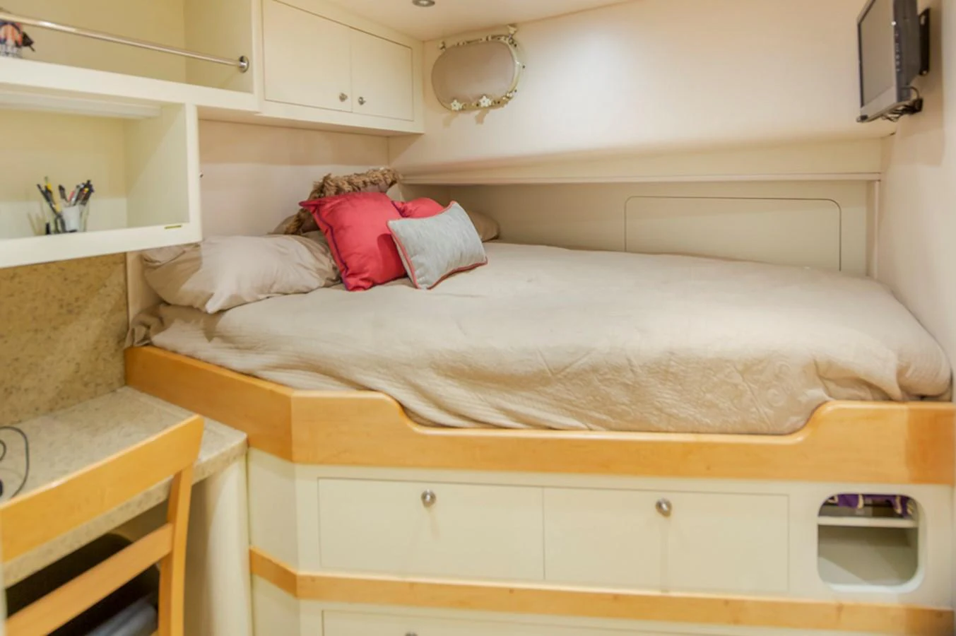 a bed with a pillow and a pillow on it aboard C JEWEL Yacht for Sale