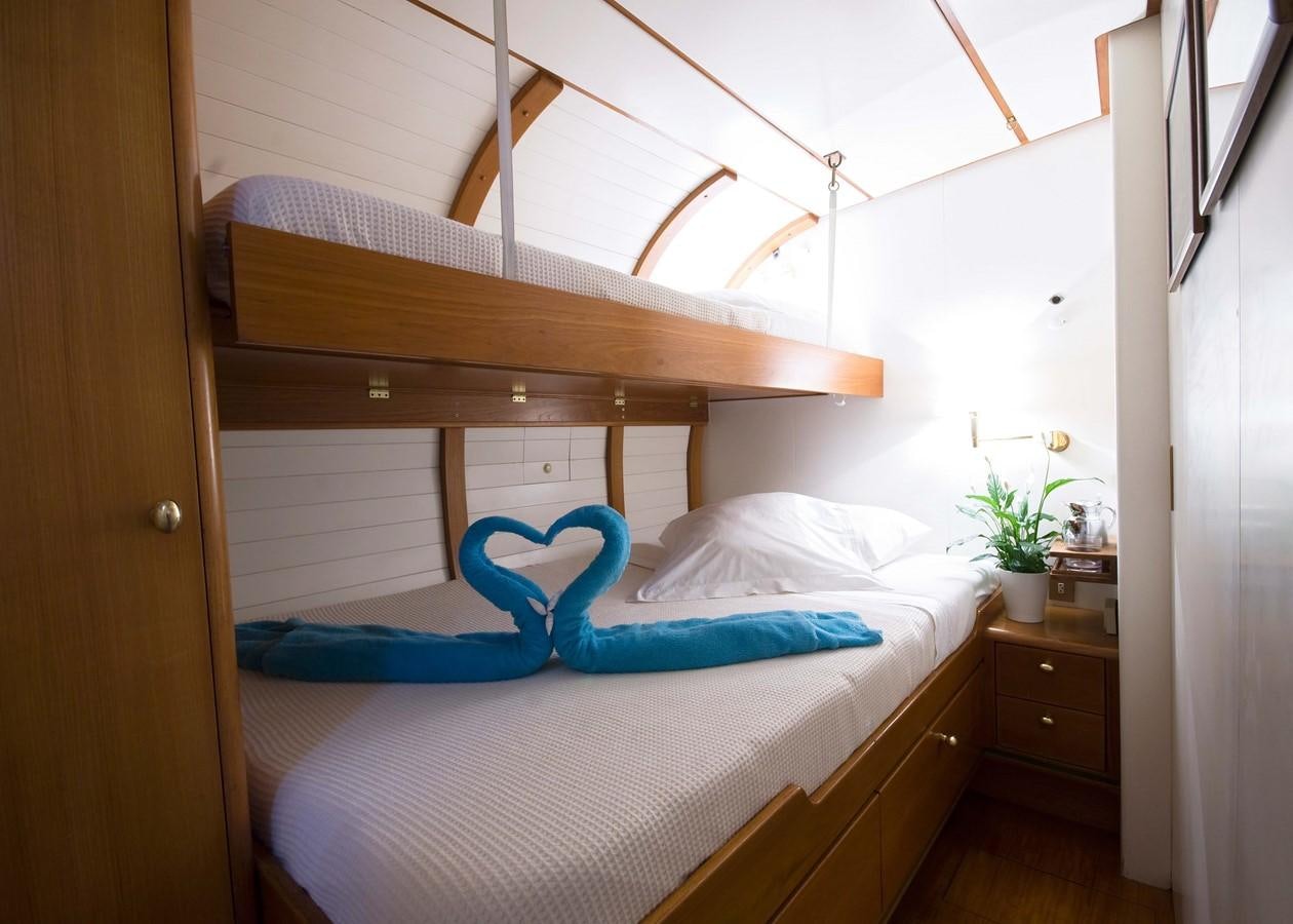 a bunk bed with a blue blanket aboard BAIURDO VI Yacht for Sale