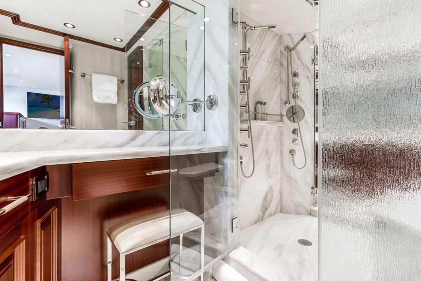a bathroom with a shower and sink aboard OUR HERITAGE Yacht for Sale