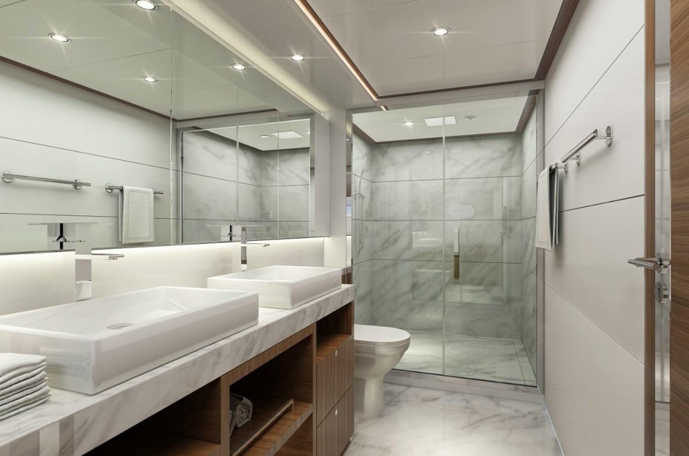 a bathroom with a glass shower aboard ASTERIA 112/02 Yacht for Sale