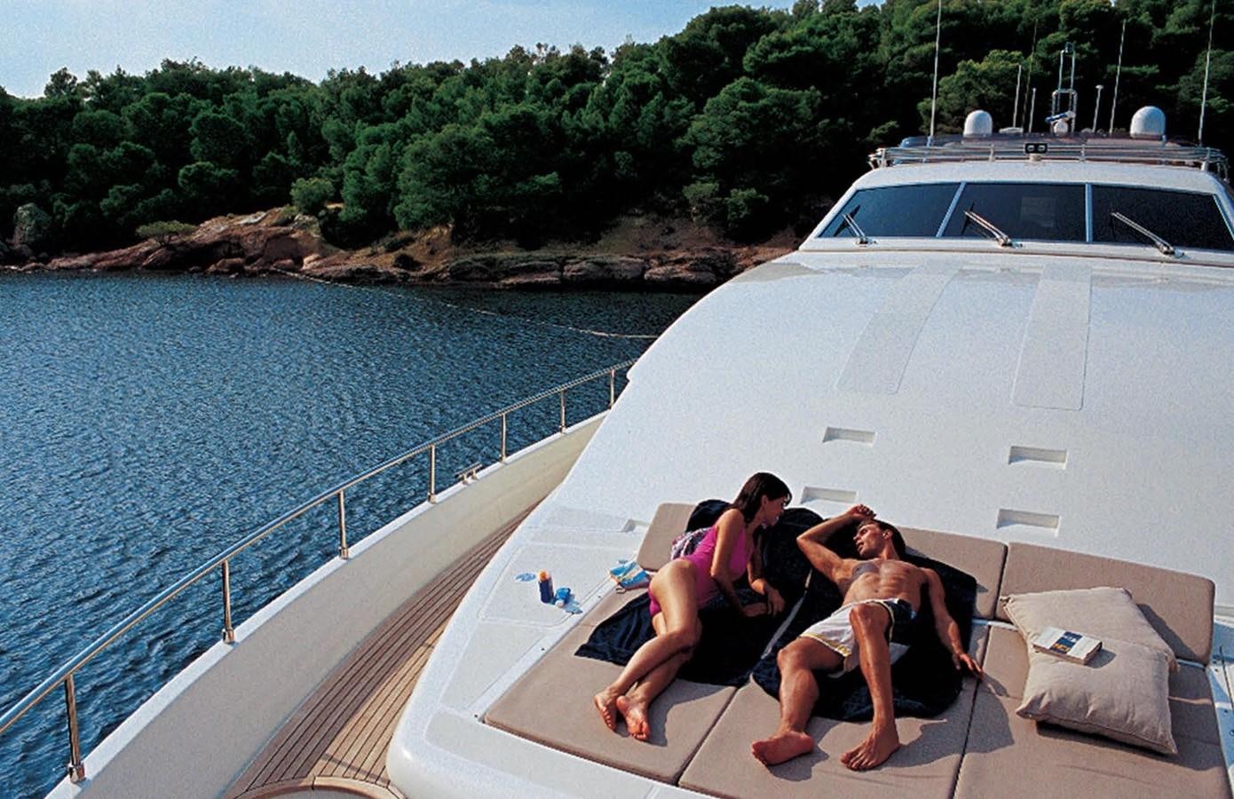 two women sitting on a boat aboard FERRETTI CUSTOM LINE 112 Yacht for Sale