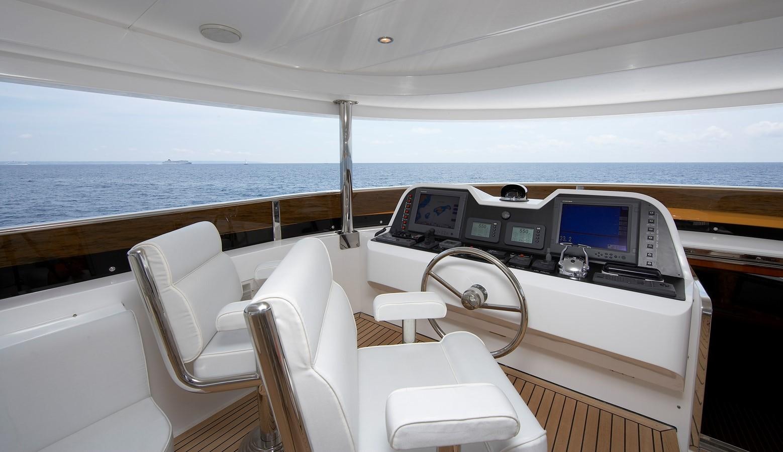 a boat with a desk and chairs aboard JOHNSON 110 FLYBRIDGE Yacht for Charter